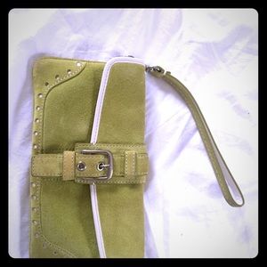 Coach suede green with white leather trim clutch